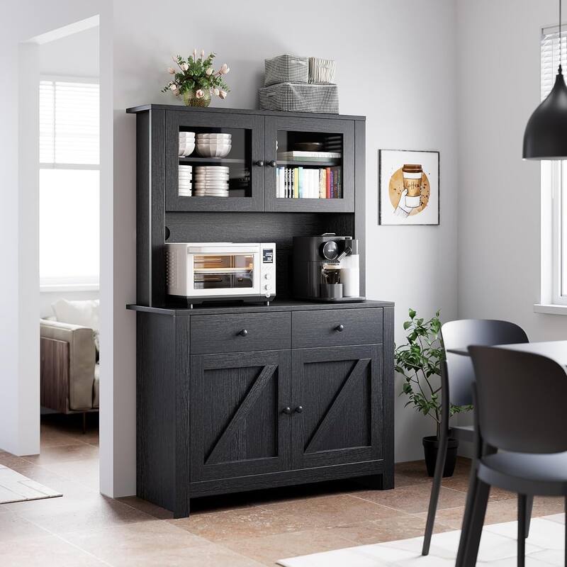 Freestanding Kitchen Pantry Cabinet with Microwave Stand & Buffet Cupboard, Adjustable Shelves for Dining Room - Black