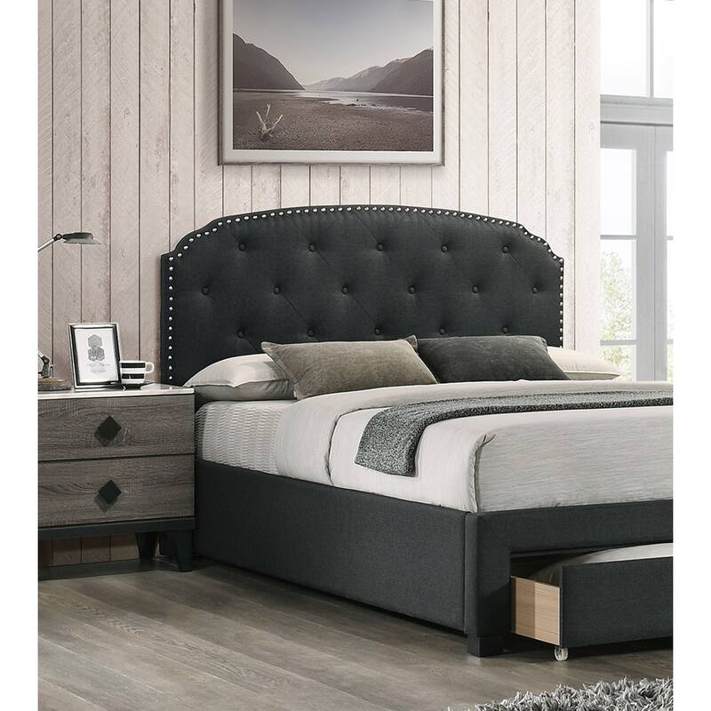 Charcoal Burlap Fabric 1pc Twin Size Bed w Drawer Button Tufted Headboard Storage Bedframe Bedroom Furniture