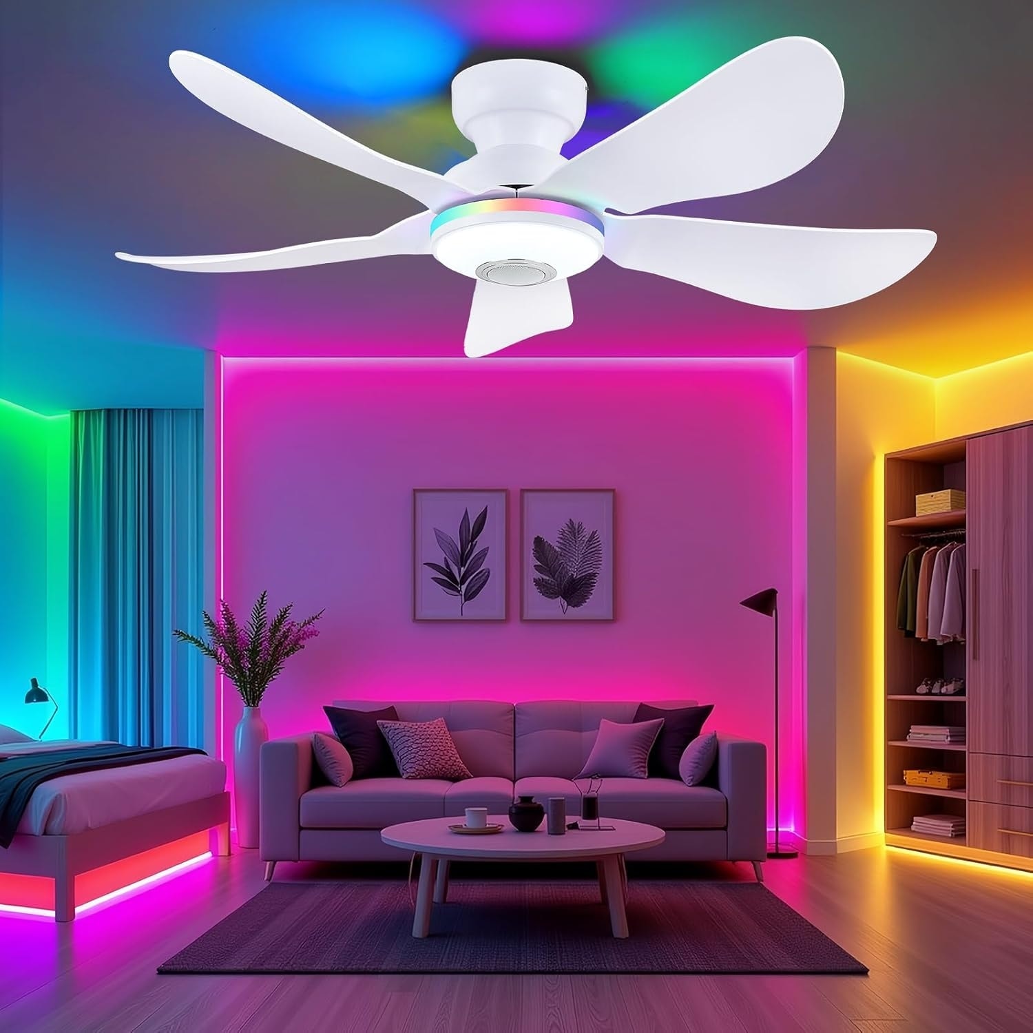 Kviflon 36/46 inches RGB Flush Mount Ceiling Fan with Light and