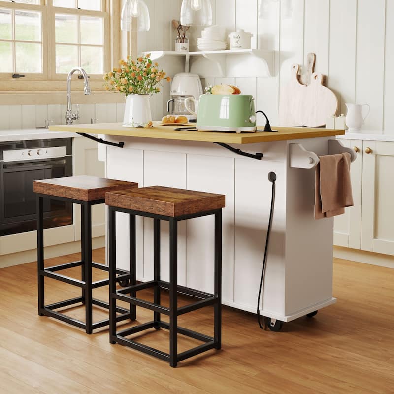 Farmhouse Kitchen Island on Wheels with Drop Leaf, 2 Seating & Power Outlet
