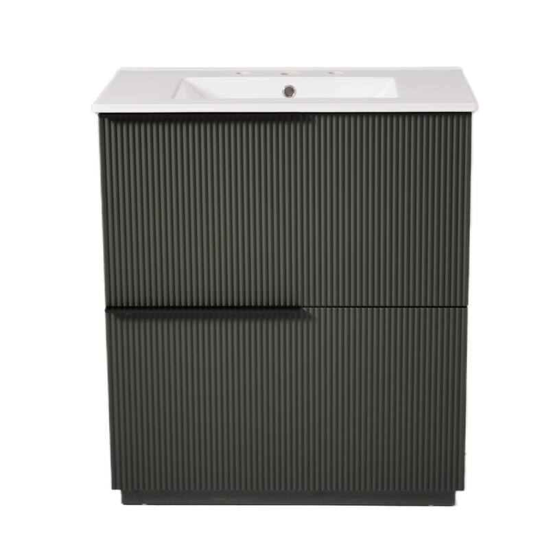 30" Bathroom Vanity with Ceramic Sink and Full-Extension Drawers, Soft Close Undermount Drawer Slides, Fluted Design, Natural