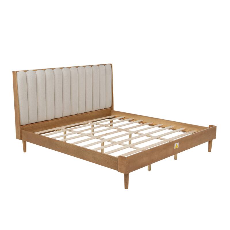 King Size Wood Bed with Piano Key Style Upholstered Headboard , Wood Bed with Strengthened Bed Frame