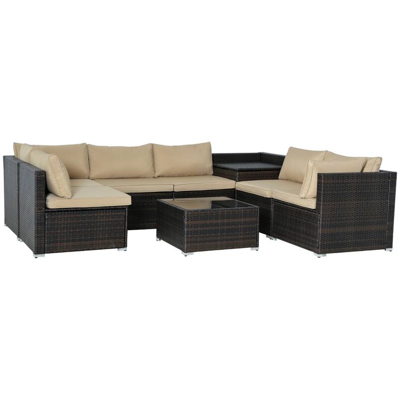 7-PC Wicker Patio Conversation Set with Brown Cushions, 6 sofas, 1 table