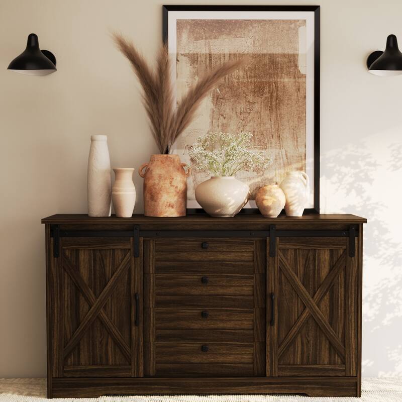 JASIWAY Barn Buffet Sideboard Cabinet with 2 Doors and 4 Drawers