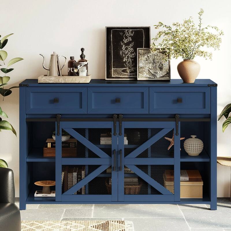 Farmhouse 55" Sideboard with 2 Sliding Barn Doors and 3 Drawers for Stylish Home Storage Solution - Navy Blue