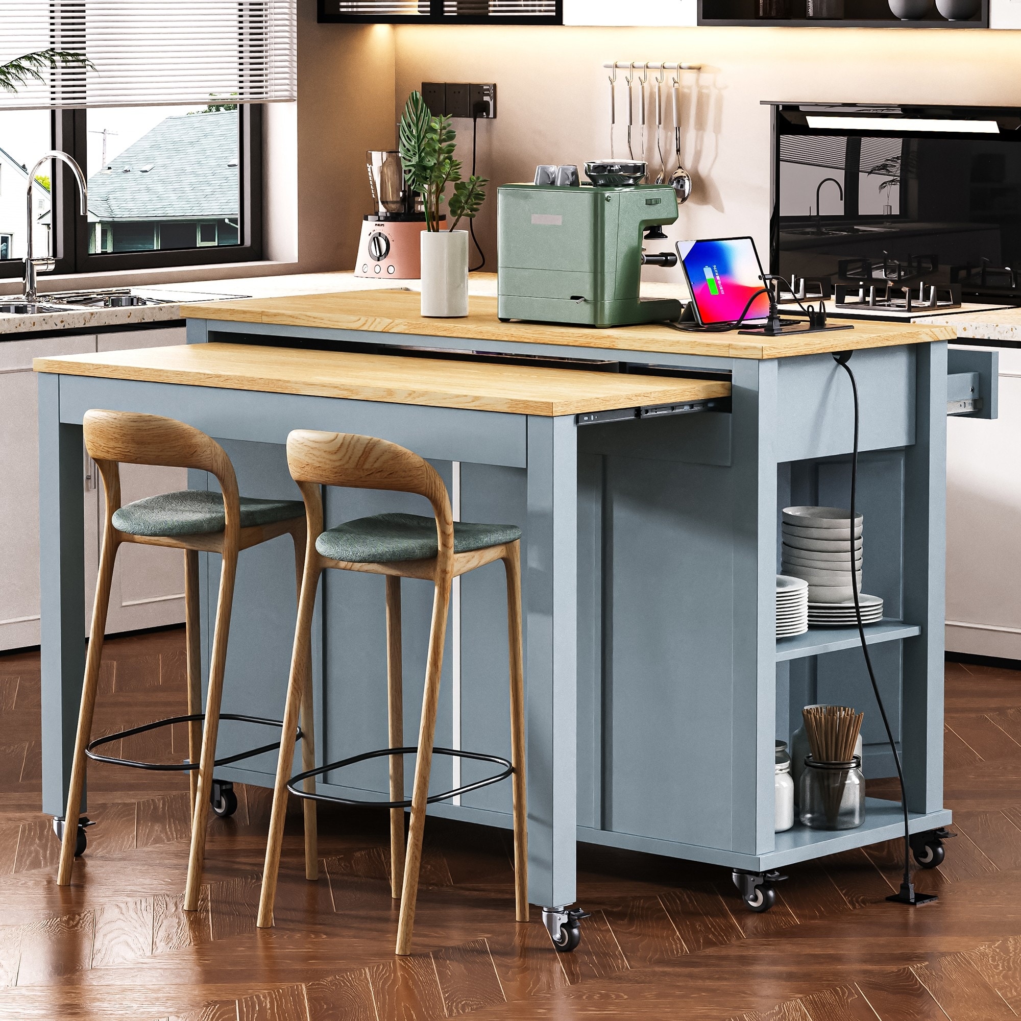 Extendable Kitchen Island with Dining Table & Charging Station, Rolling Kitchen Cart with Storage Racks