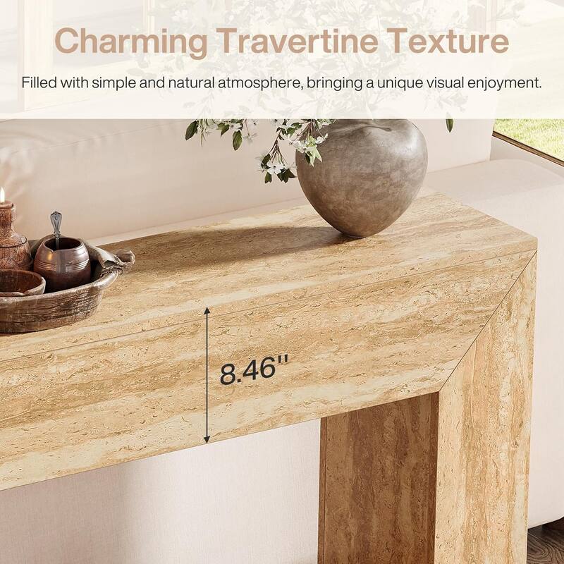 63" Modern Entryway Table with Faux Travertine Finish and Heavy Duty Legs for Entrance