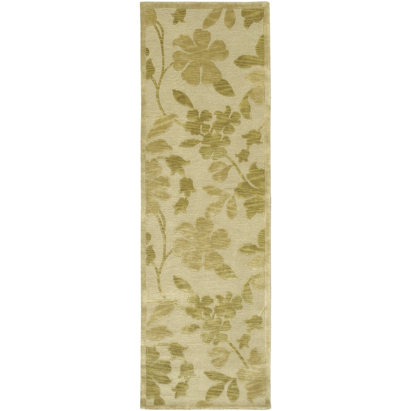 Hand-knotted Green/Beige Floral Karur Semi-Worsted Wool Runner Area Rug - 2' 6" x 10' - 2' 6" x 10' - Beige/Green - Runner/Rectangle