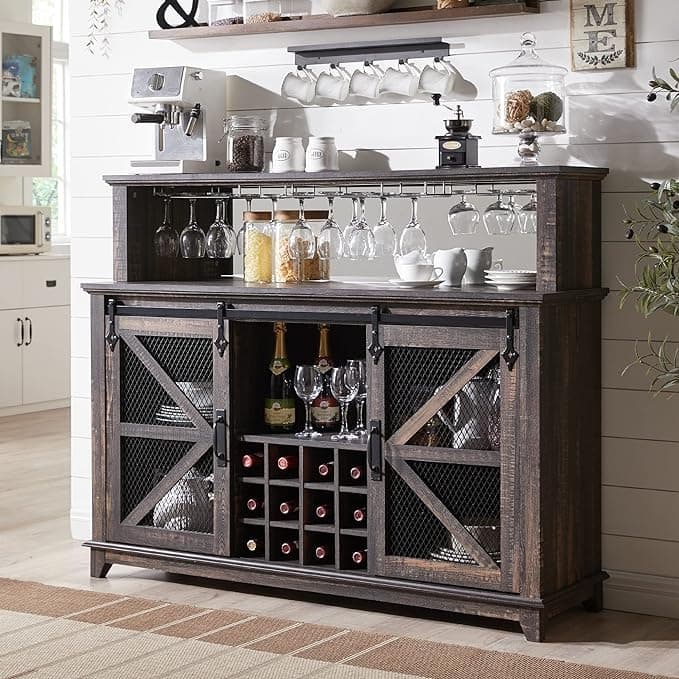 Farmhouse Coffee Bar Cabinet, Wine Bar Cabinet, Kitchen Buffet Cabinet - Dark Rustic Oak