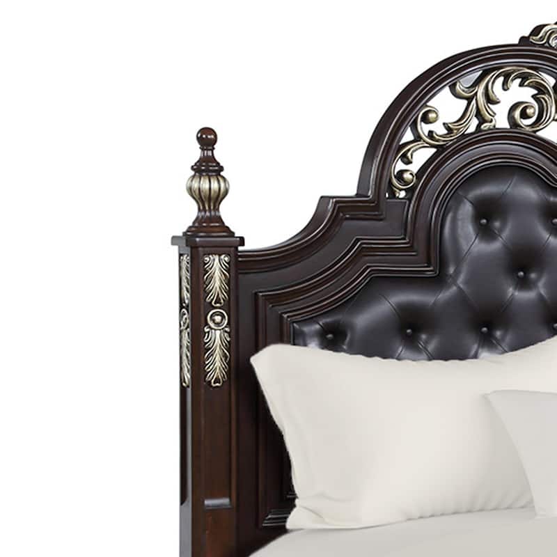 Leatherette and Wood Queen Headboard with Carving and Mirror Inlay, Brown