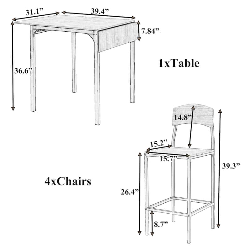 Farmhouse 5-piece Counter Height Dining Table Set with 4 Dining Chairs, Wood Desktop Extendable Dining Table Set for Kitchen