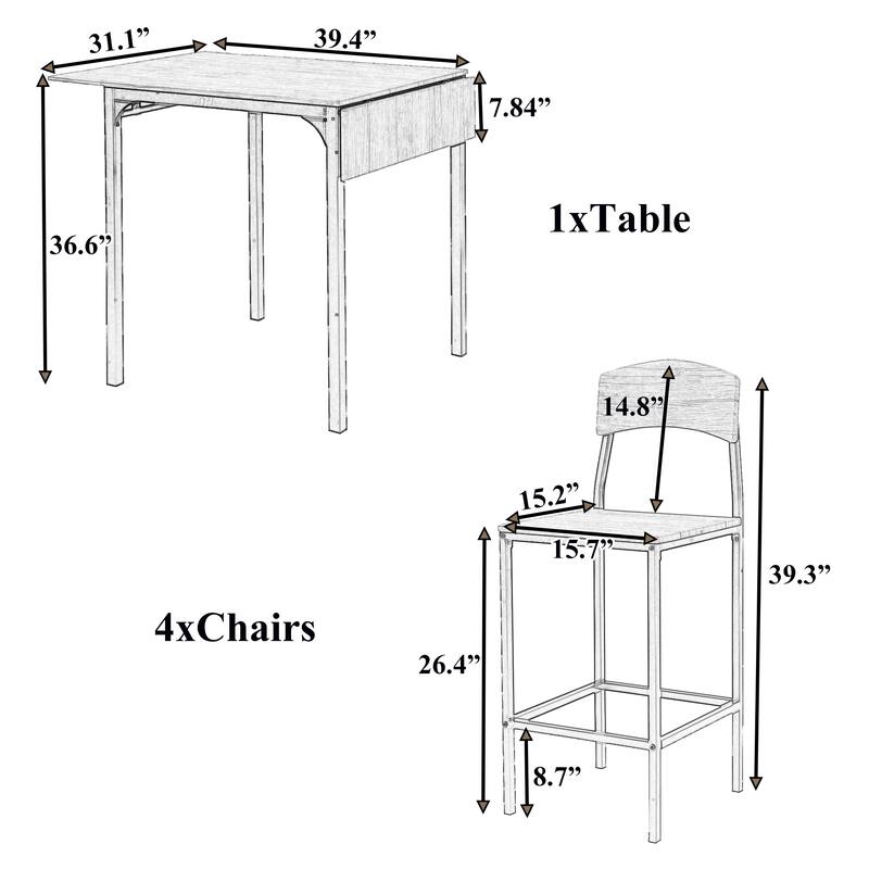 Farmhouse 5-piece Counter Height Drop Leaf Dining Table Set with Dining Chairs for 4