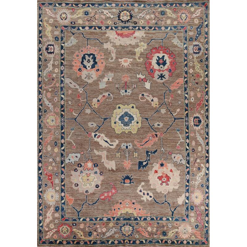 Hand Knotted Oriental 100% Wool Carpet Transitional All-Over Brown Oushak Area Rug - 11' 9'' X 9' 2''