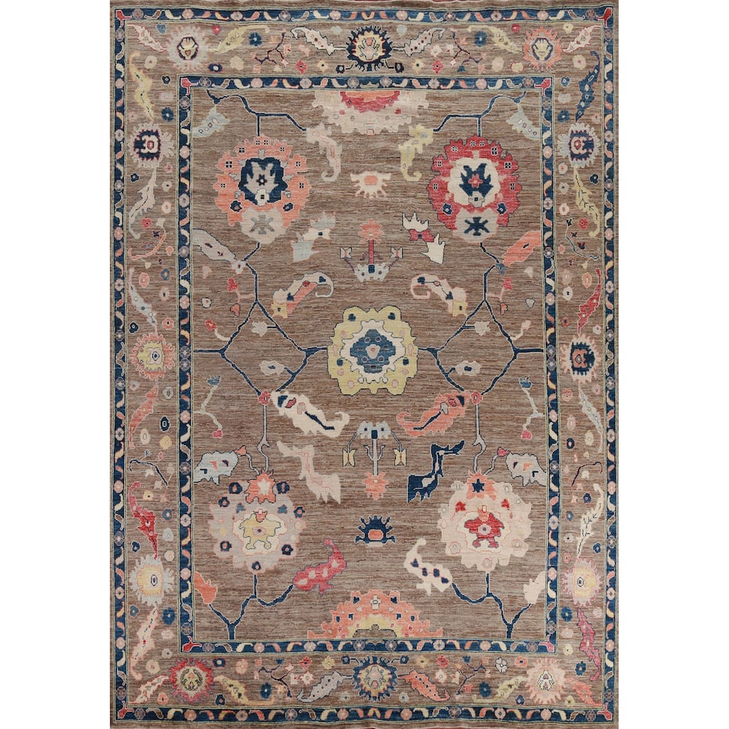 Hand Knotted Oriental 100% Wool Carpet Transitional All-Over Brown Oushak Area Rug - 11' 9'' X 9' 2''