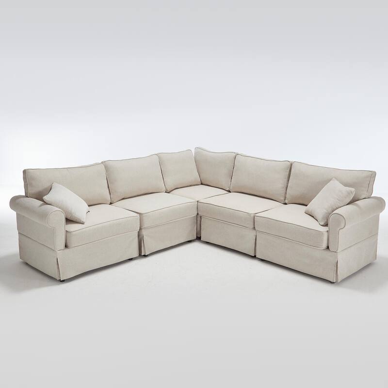 Modular Sectional Sofa, Convertible L-Shaped Upholstered Couch with Rolled Arms, Classic Reversible Corner Sofa for Living Room