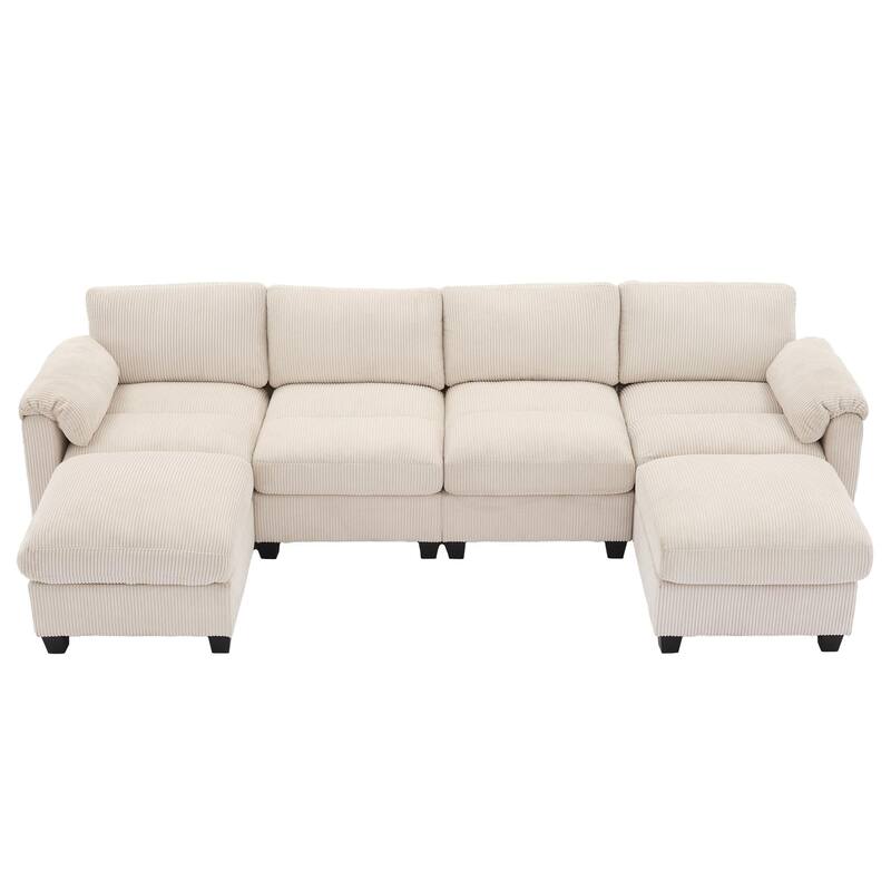 Corduroy Sectional Sofas with 2 Removable Ottomans, U-shaped Symmetrical 6-Seat Modular Couch - Off White - Symmetrical