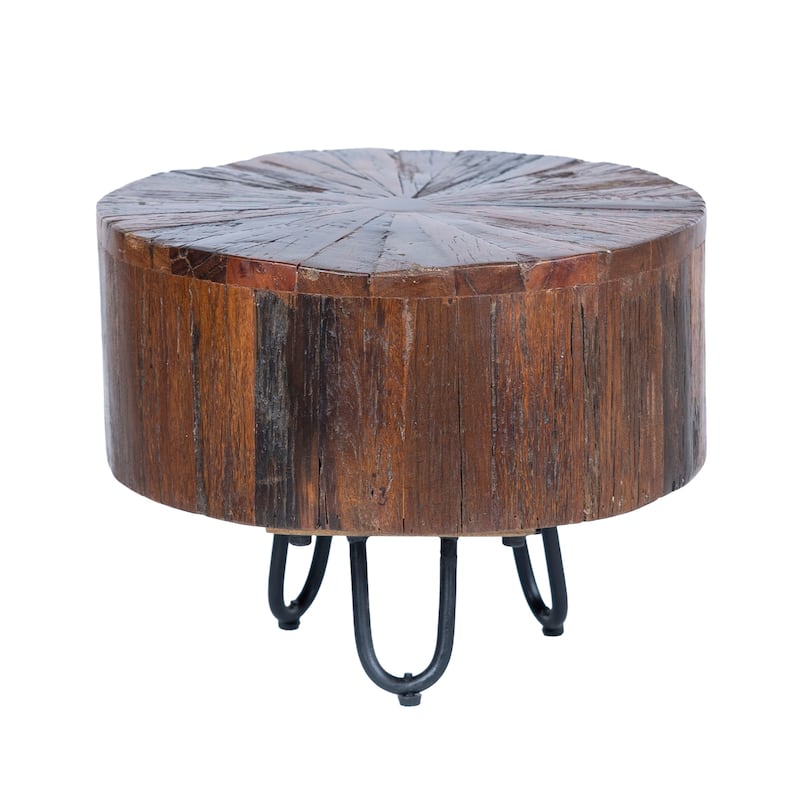 14" Round Side Table, Unique Solid Wood With Metal Hairpin Legs End Table