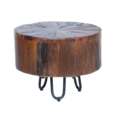 14" Round Side Table, Unique Solid Wood With Metal Hairpin Legs End Table