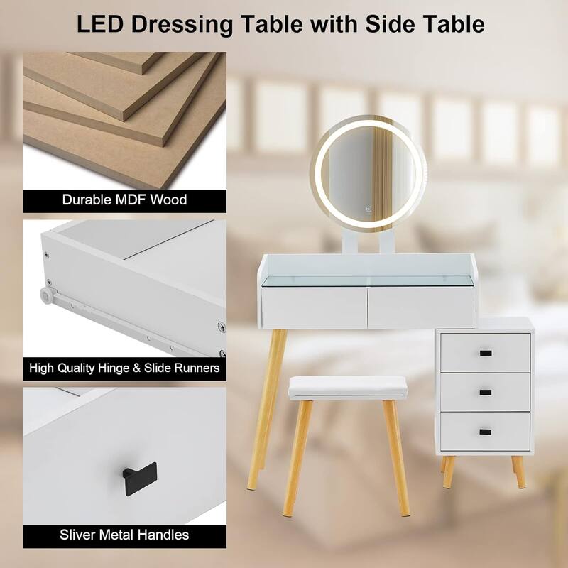 Dressing Table with LED Lights Glass Top Dressing Table with Extendable Table 5 Drawers Dressing Table with Mirror and Stool