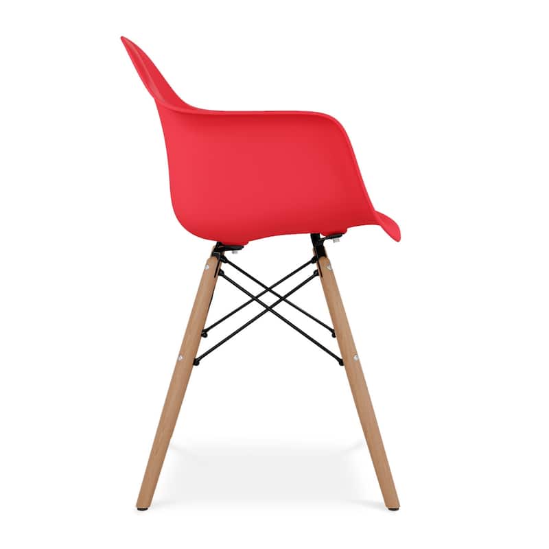 Modern Red Plastic Seat Dining Armchair with Solid Back and Wood Legs for Kitchen or Dining Room - 32”H x 23”W x 19”D