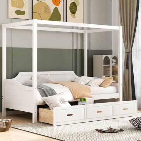 Twin Size Curved Style Canopy Bed Daybed with 3 Drawer-Like Compartments