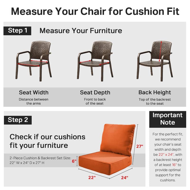 22" W x 24" D x 6" T Water & Fade Resistant Outdoor Lounge Chair Replacement Cushion Set