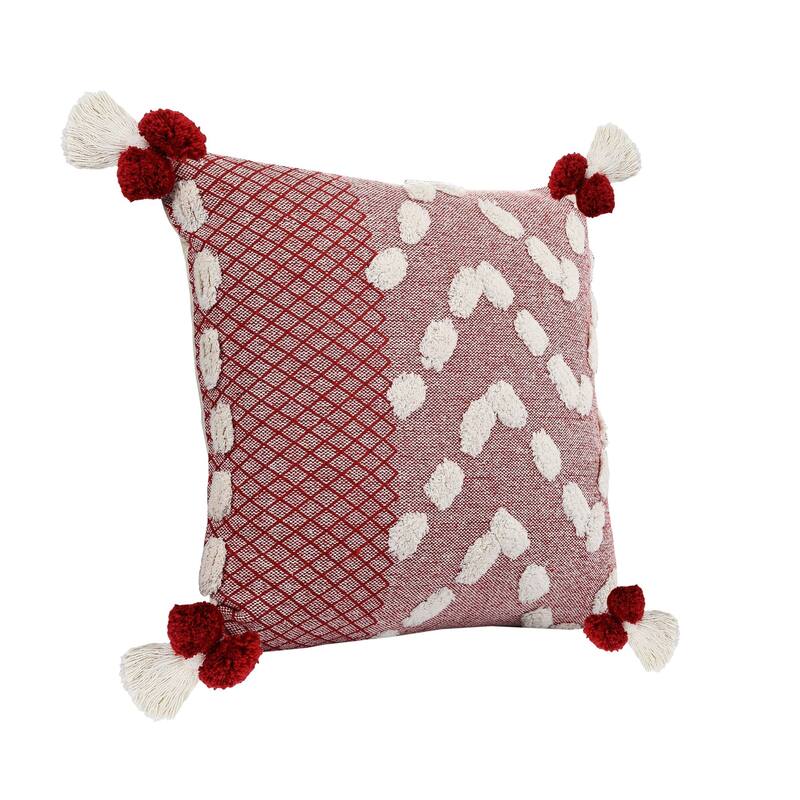 20" Red and White Zeal Pom Square Throw Pillow