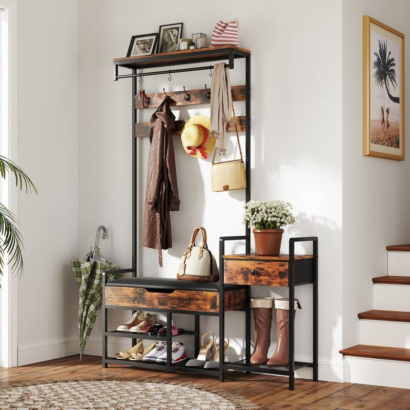 Rustic Brown Metal Hall Tree Bench with Hooks, Drawer, Shelves and Shoe Rack - 47.5" L x 12" W x 70" H