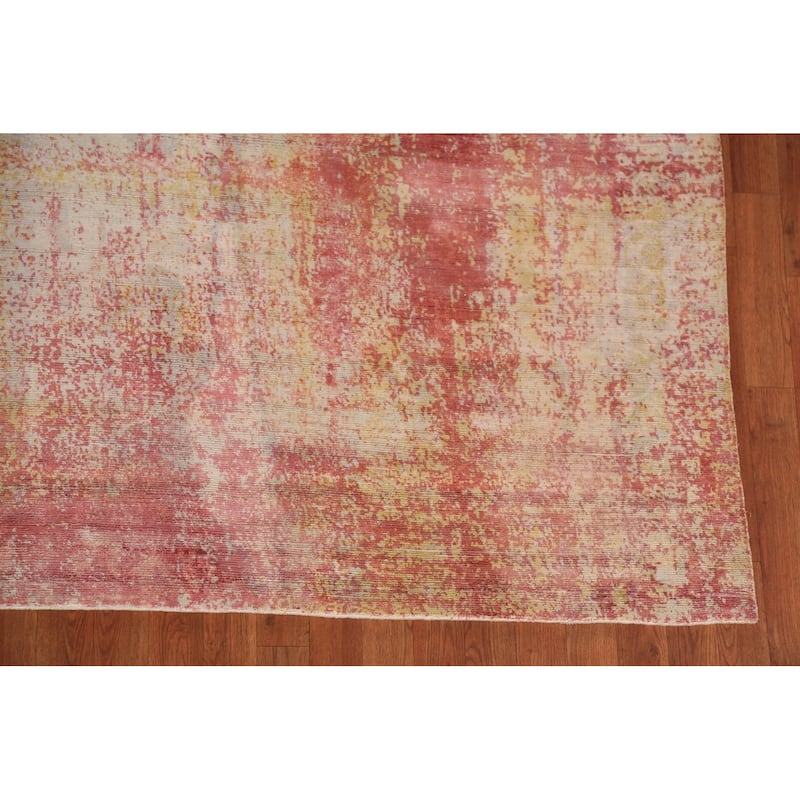Contemporary Abstract Indian Area Rug Hand-Knotted Orange Wool Carpet - 9'0"x 11'8"