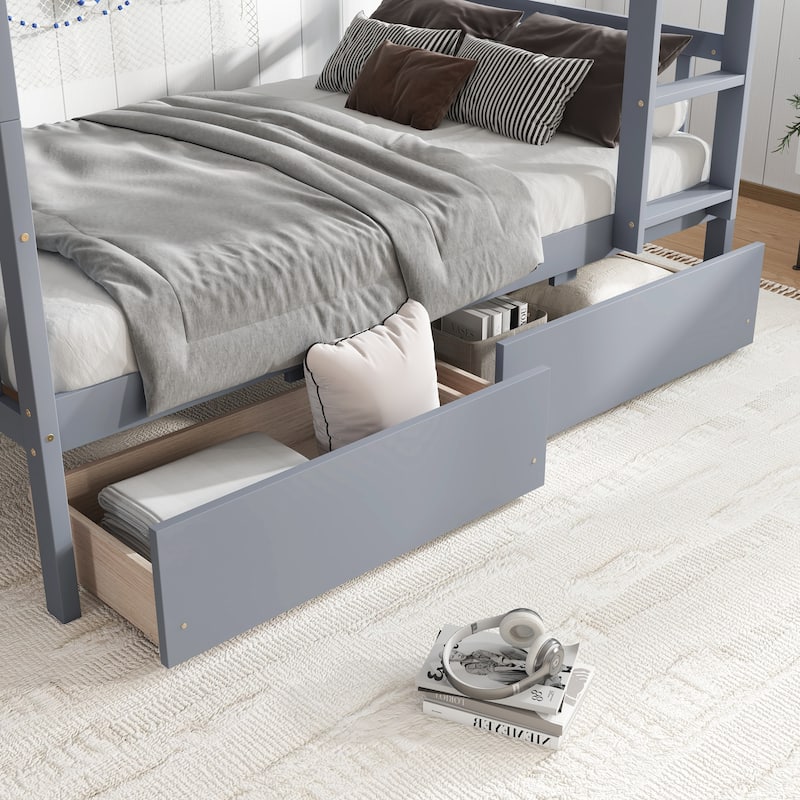 Rubber Wood Bunk Bed Frame with 2 Drawers,Convertible into 2 Beds