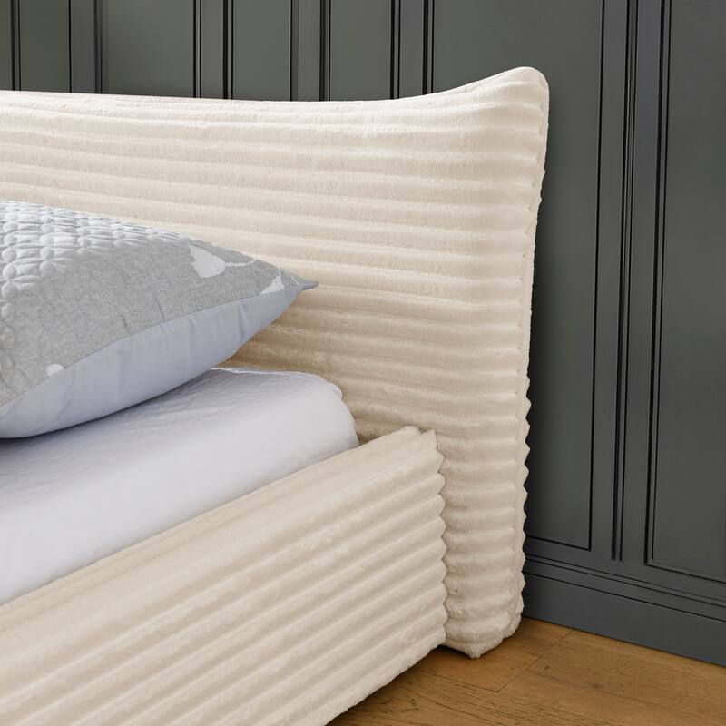 Queen Size Upholstered Platform Bed with Curved Headboard, Beige Velvet Fabric, No Box Spring Required