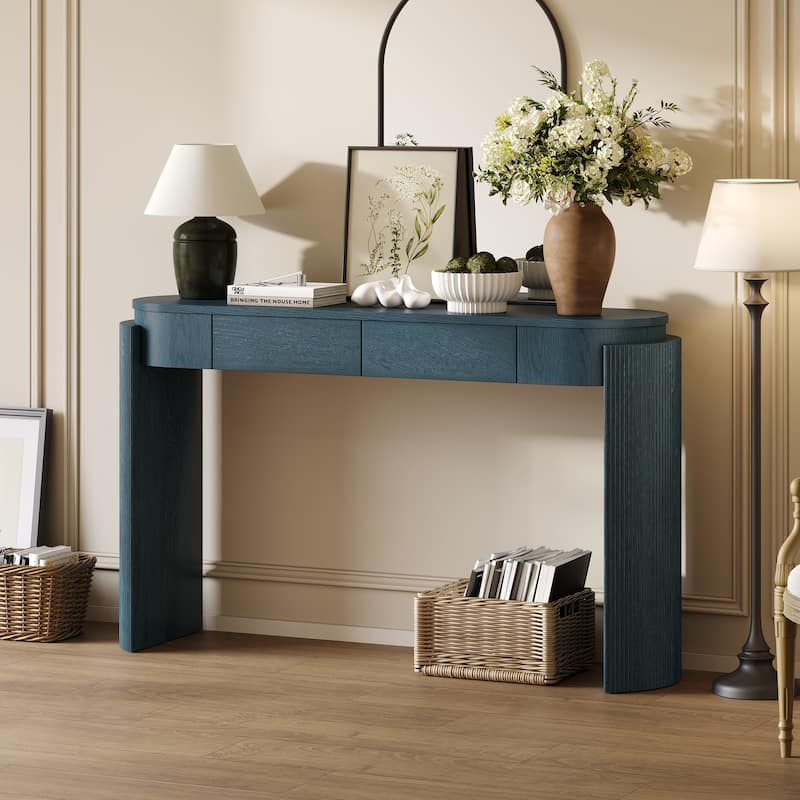 Roomfitters Entryway Console Table with Natural Wood Finish, Oval Top, Fluted Legs and 2 Storage Spaces