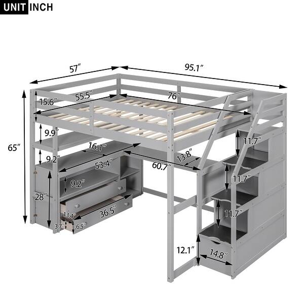 dimension image slide 1 of 2, Full Size Grey Loft Bed with Desk, Shelves, Storage Staircase, and Two Built-in Drawers for Maximized Space