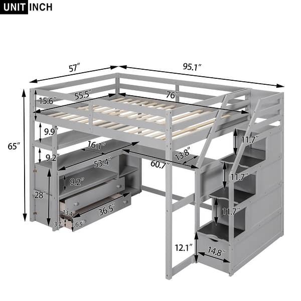 dimension image slide 1 of 2, Full Size Loft Bed with Desk and Shelves, Two Built-in Drawers, Storage Staircase, Gray