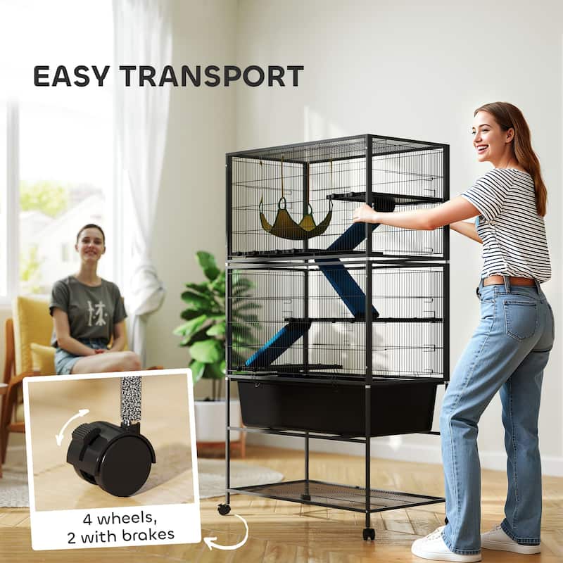Dark Grey 5-Tier Small Animal Cage with Wheels Hammock Platforms Ramps and Storage Shelf - 34.6" L x 18.9" W x 59.3" H