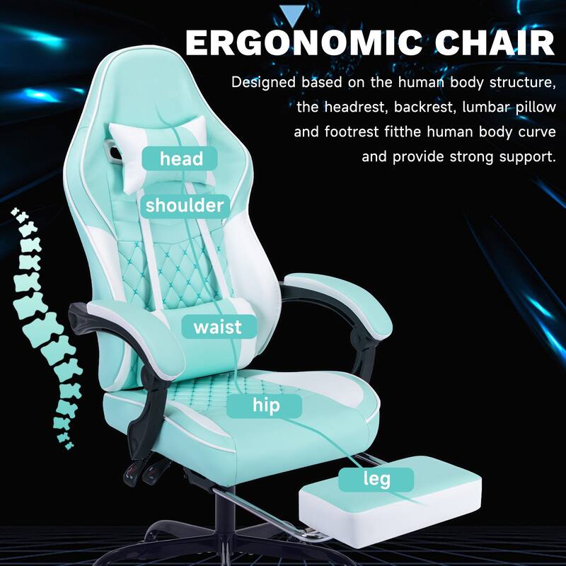 Leather Racing Gaming Chair with Massage Lumbar Support, Adjustable Headrest and Footrest