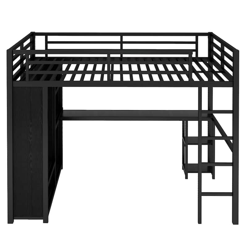 GDFStudio - Sandy Loft Bed Frame with Built-in Wardrobe, Metal Loft Bed with Desk and Storage Shelves