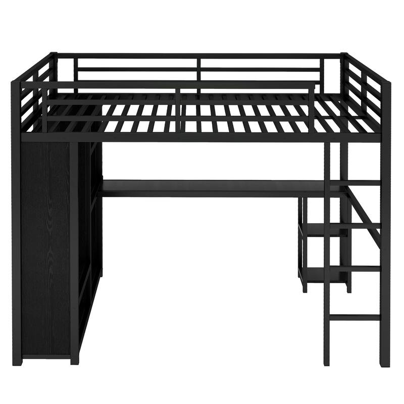 Modern Queen Size Metal Loft Bed with Built-in Wardrobe, Desk and Open Shelves, Storage Bed Frame with Guardrails and Stairs