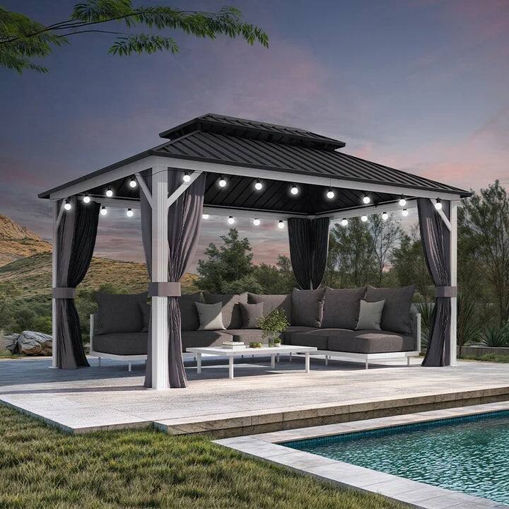 PURPLE LEAF Patio Hardtop Gazebo for Outdoor Grey Galvanized Steel Double Roof White Aluminum Poles - 10' x 14' - Grey with Light