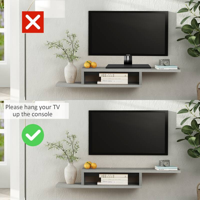 Grey Floating TV Console Wall Mounted Two Tier Asymmetrical Design with Cable Management for Modern Living Room