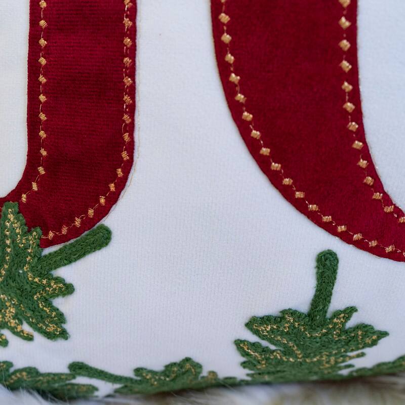 JOY Embroidered Christmas Throw Pillow - 14x20" Velvet Lumbar Cushion in Red and White with Green Holiday Accents