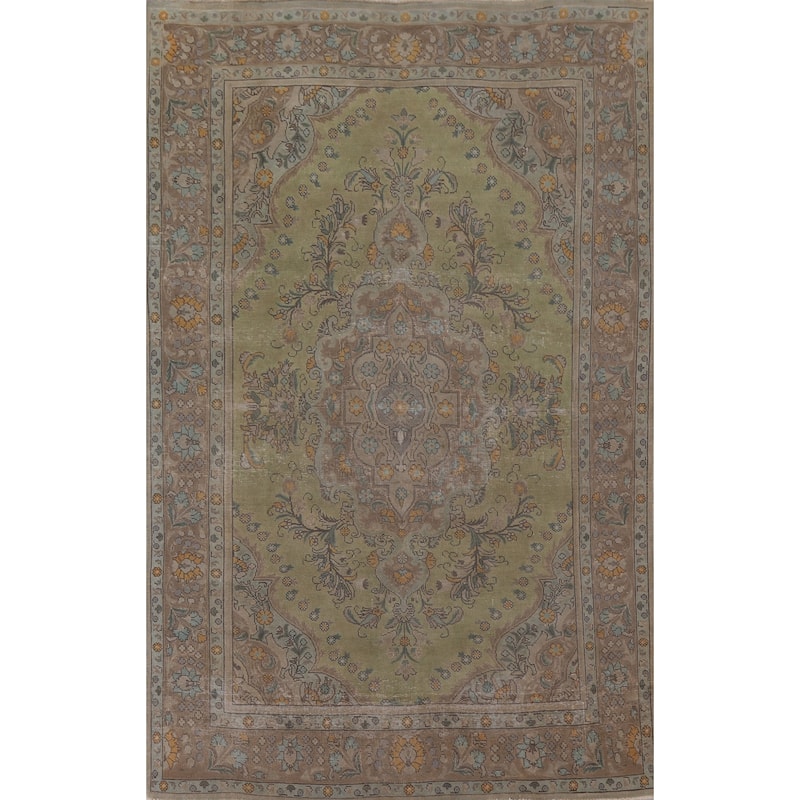 Green Distressed Tabriz Persian Antique Area Rug Handmade Wool Carpet - 6'6" x 9'8"