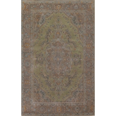 Green Distressed Tabriz Persian Antique Area Rug Handmade Wool Carpet - 6'6" x 9'8"