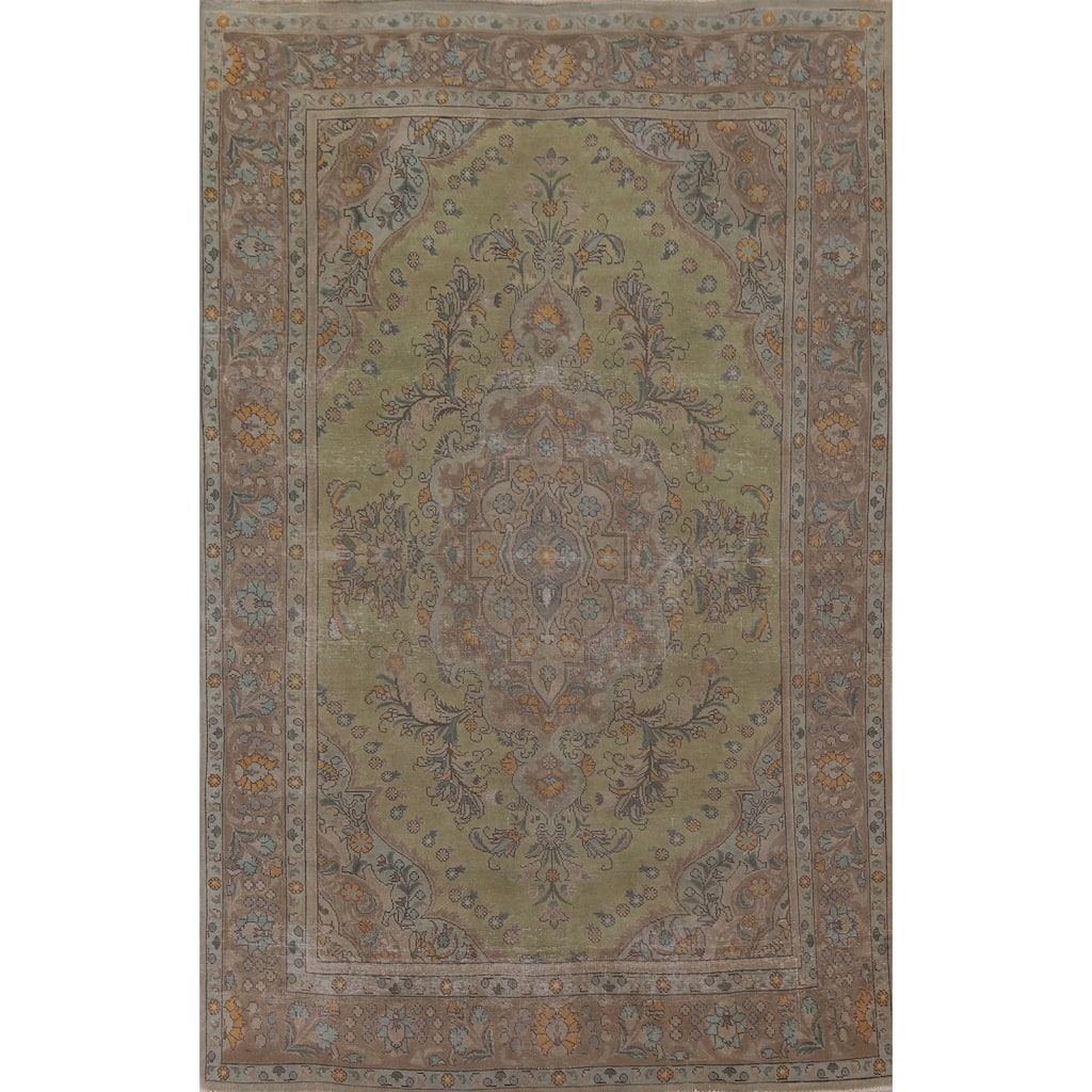 Green Distressed Tabriz Persian Antique Area Rug Handmade Wool Carpet - 6'6" x 9'8"