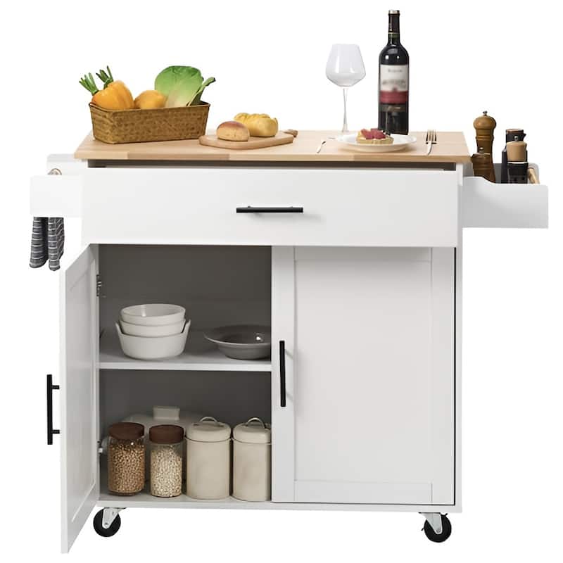 White Wood Kitchen Island Cart with Drop Leaf, Storage and Lockable Wheels - 35.4” L x 26.7” W x 35” H