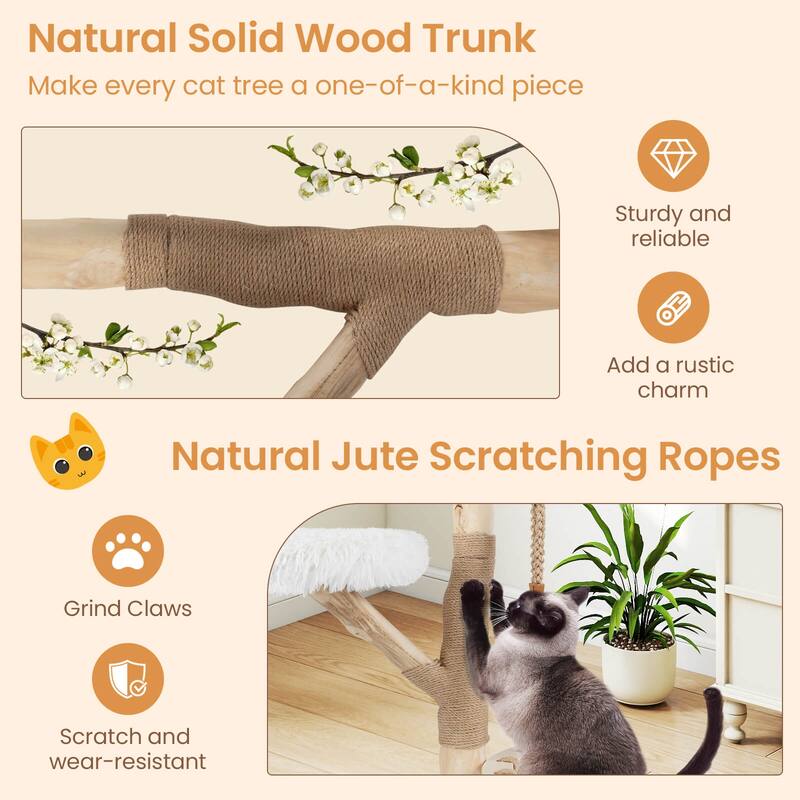 Costway 48.5” Solid Wood Cat Tree with Hanging Cradle Jute Scratching - as pic shows - See Details