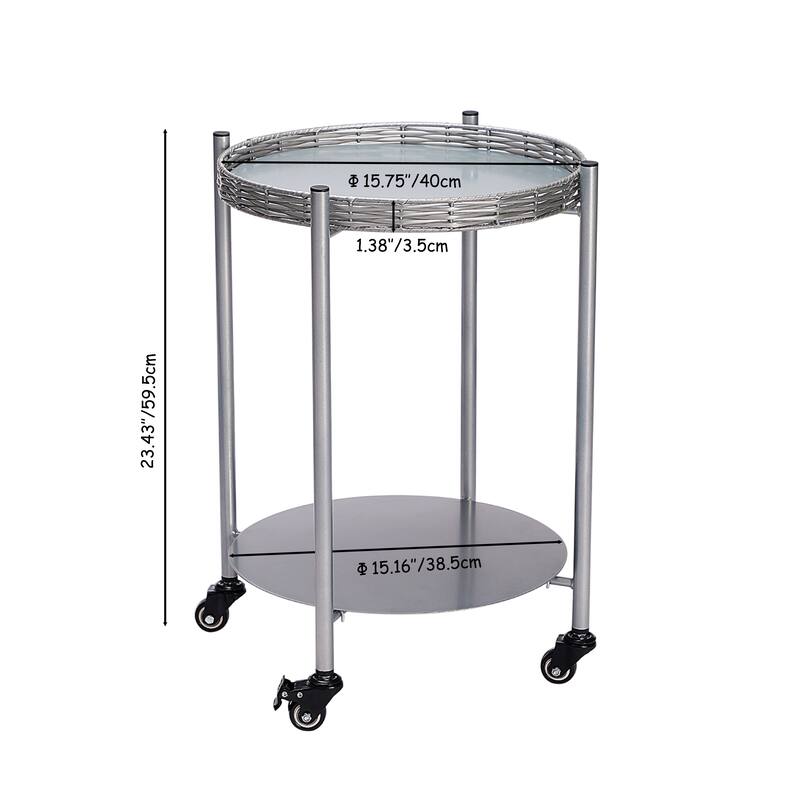Round Coffee Table with Wheels 2-Tier Movable Silver Metal Bedside Nightstand Sofa Side Table