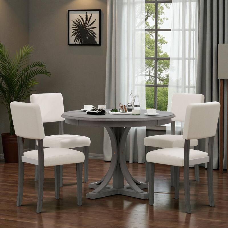 5-Piece Retro Round Dining Table Set, 44" Pedestal Wood Table with Curved Trestle Legs and 4 Upholstered Chairs
