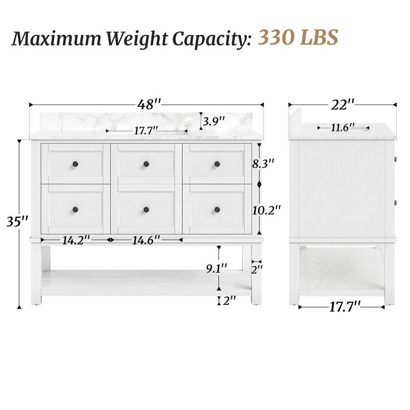48" Bathroom Vanity with Sink, Marble Countertop Single Bathroom Vanity with 6 Drawers, White