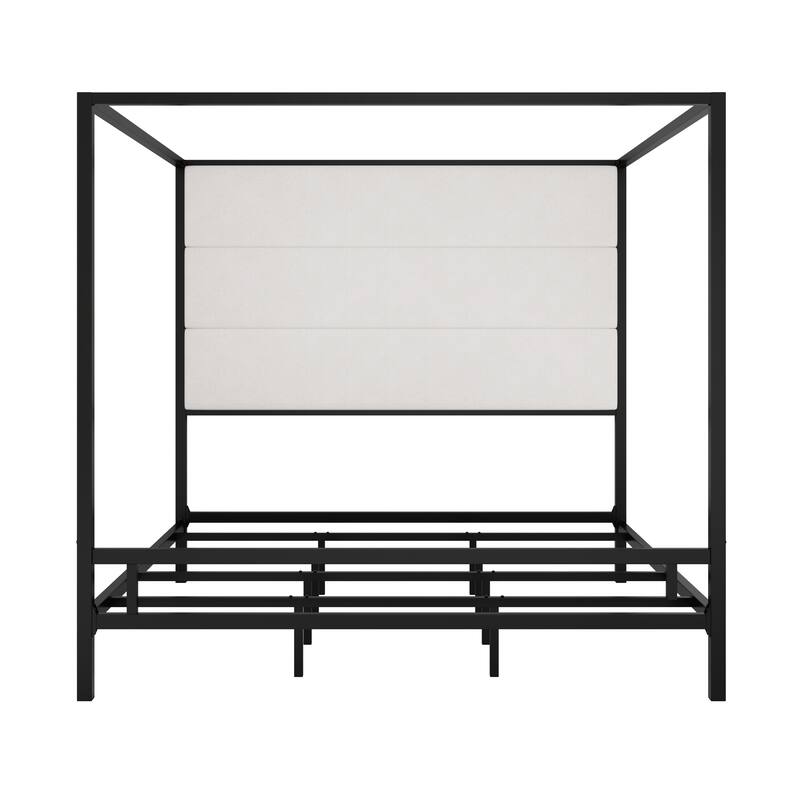 Metal Canopy Bed Frame Modern, King Platform Bed with 76.5" Tall Velvet Fabric Upholstered Headboard, Metal 4-Poster Bed Frame